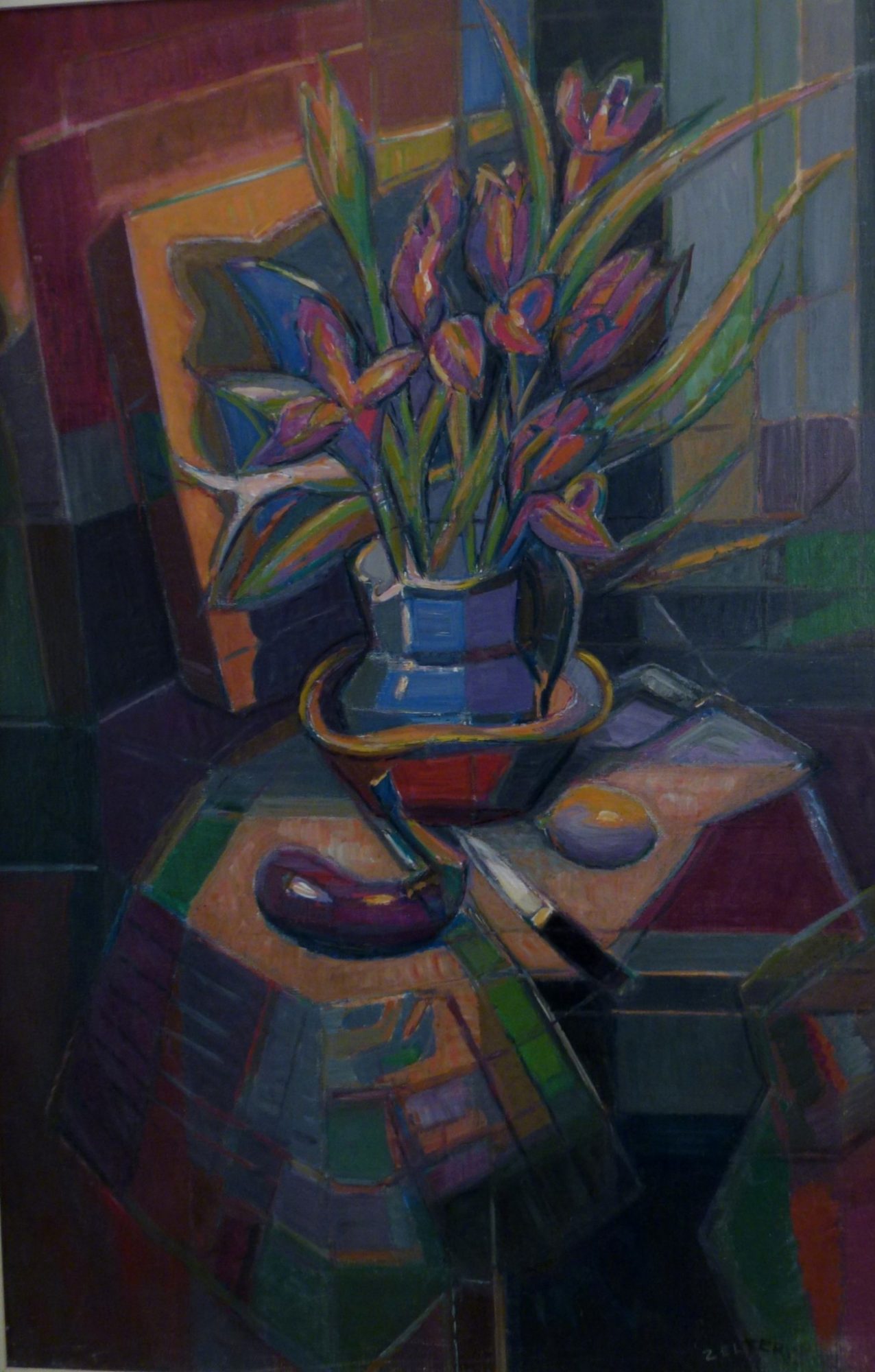 Peinture cubiste de Georges Zelter,huile sur toile,nature morte à l'aubergine, grand format