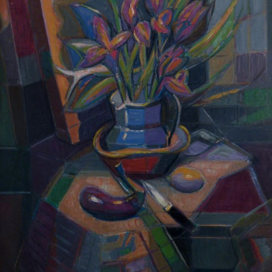 Peinture cubiste de Georges Zelter,huile sur toile,nature morte à l'aubergine, grand format