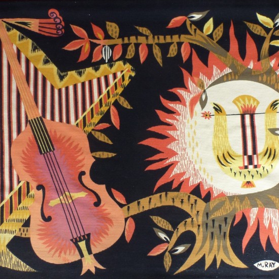 M Ray pour atelier Robert Four à Aubusson, tapisserie "Alba"representant des instruments de musique