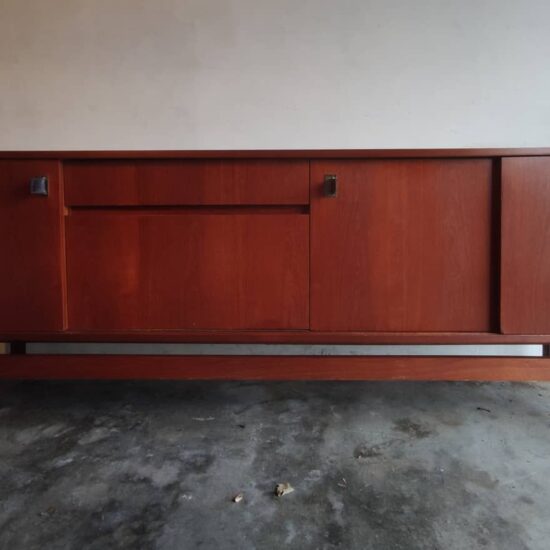 Enfilade bar vintage, design scandinave, années 60, poignées cuir, bois teinté