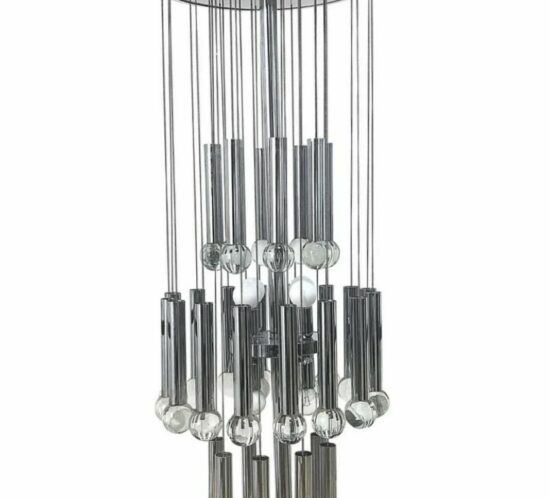 Suspension Gaetano Sciolari, lustre cascade, métal et verre, design italien années 70
