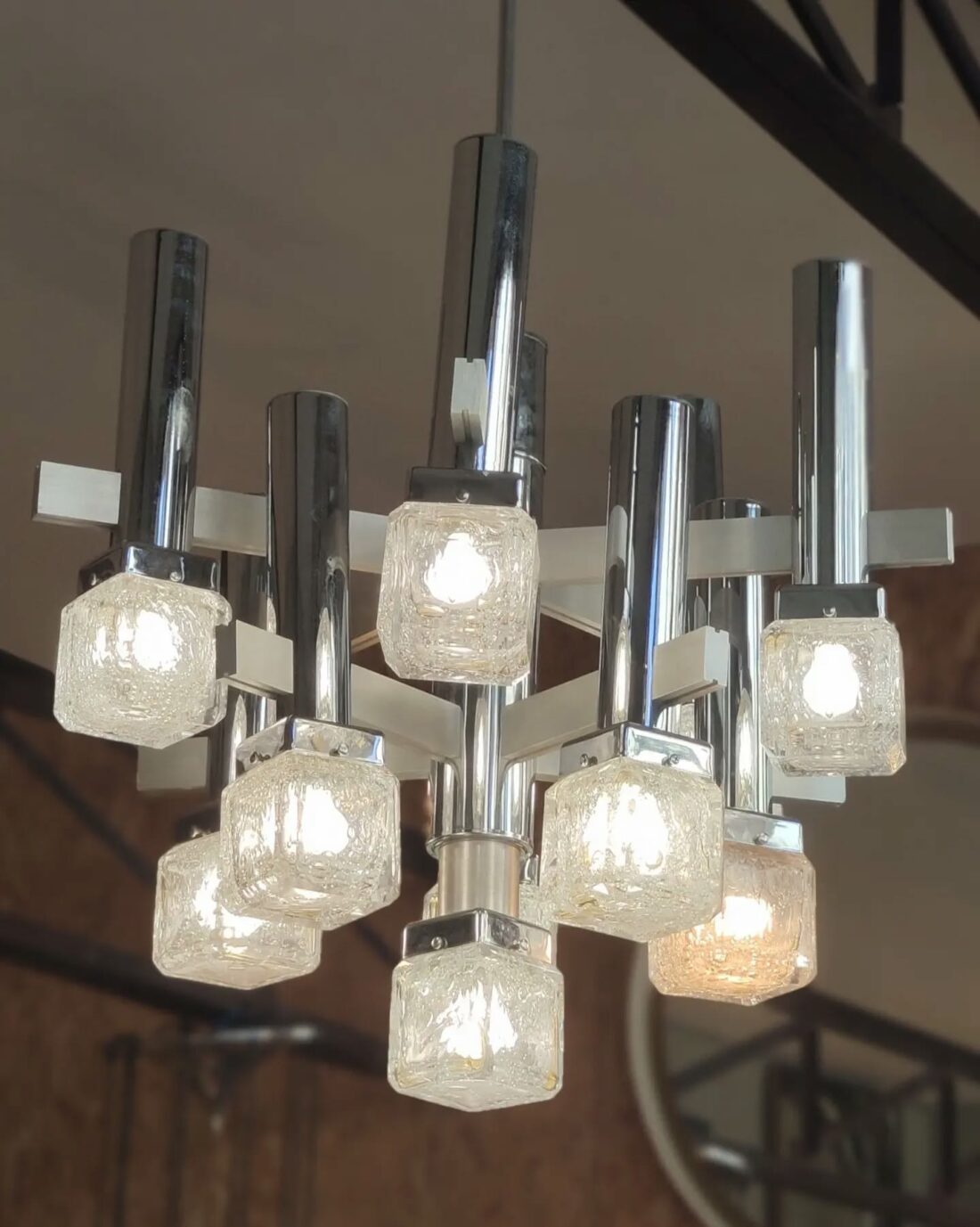Suspension vintage Gaetano Sciolari, design italien, métal et verre, luminaire années 70