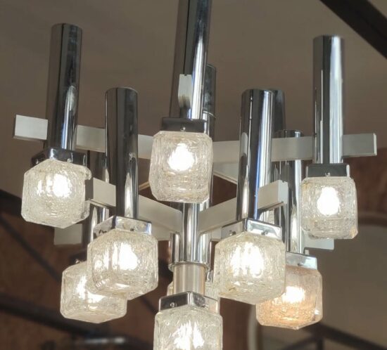 Suspension vintage Gaetano Sciolari, design italien, métal et verre, luminaire années 70