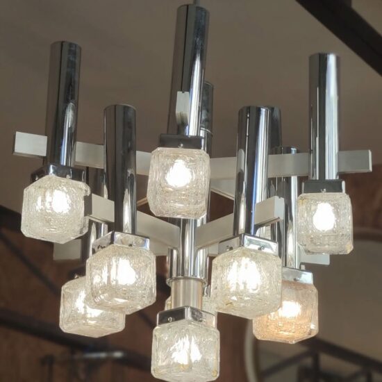 Suspension vintage Gaetano Sciolari, design italien, métal et verre, luminaire années 70