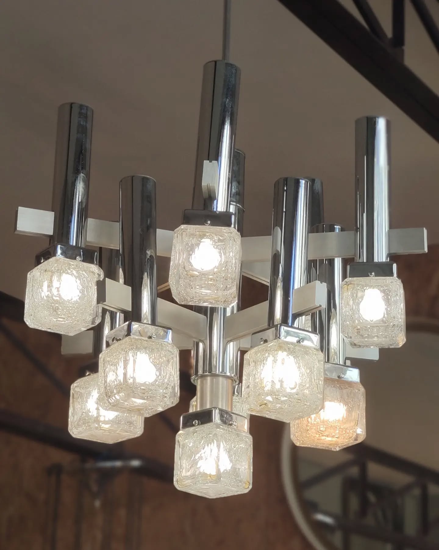 Suspension vintage Gaetano Sciolari, design italien, métal et verre, luminaire années 70
