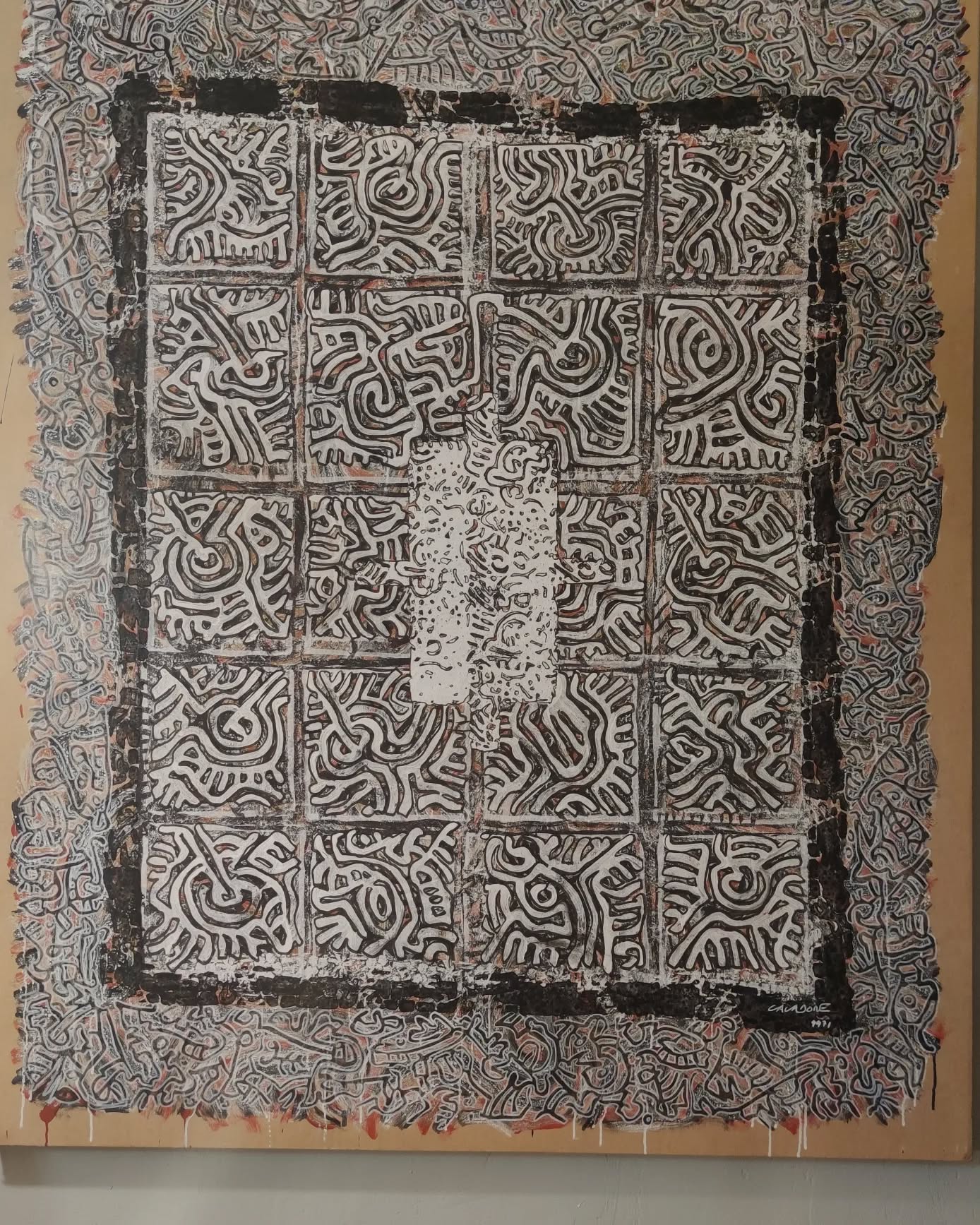 Œuvre grand format Frank Cavadore, technique mixte, abstraction et art brut, 160x130 cm