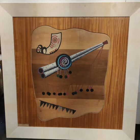 Peinture sur bois découpé de Frederico Righi, abstraction années 30, encadrement galuchat