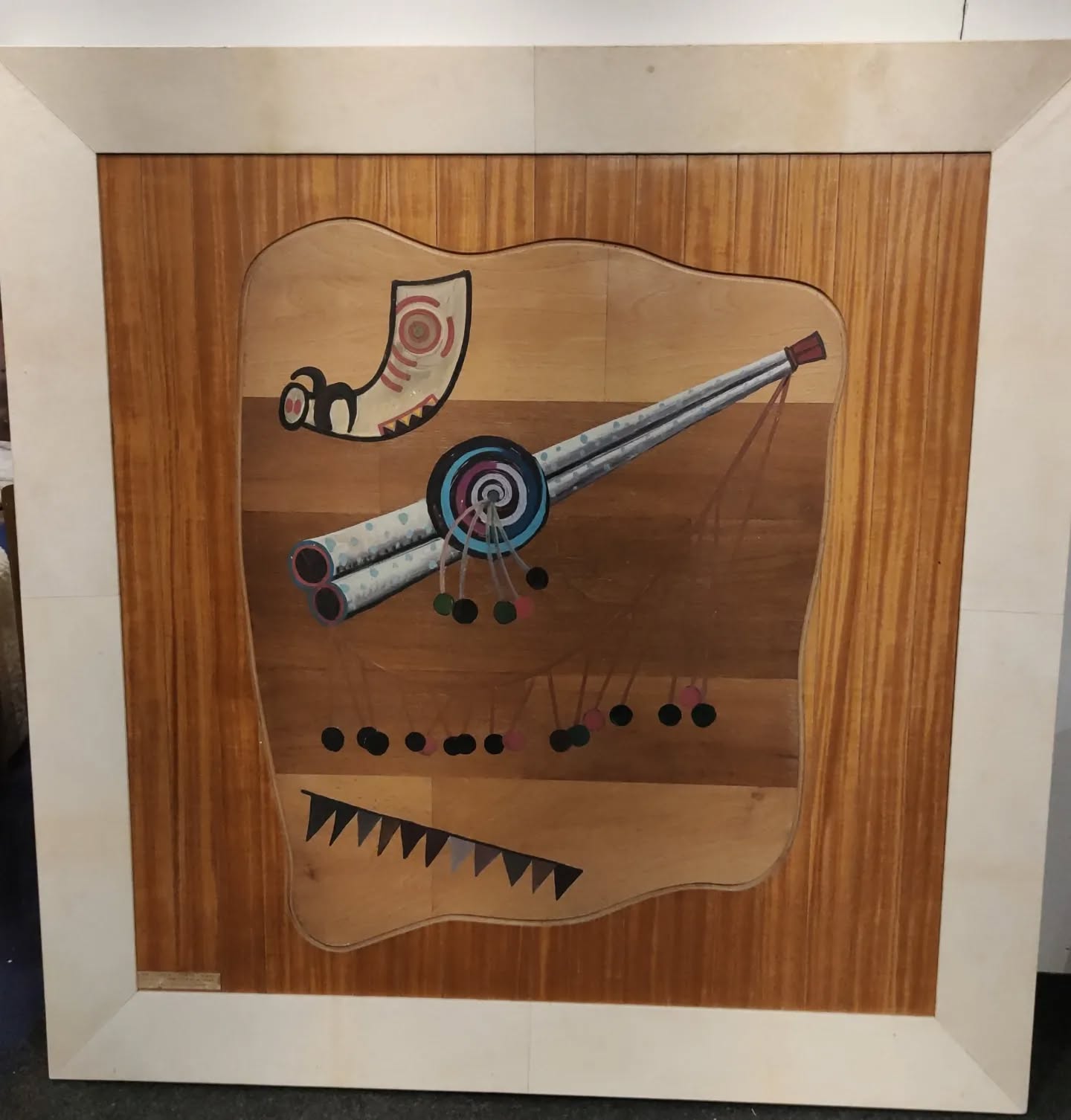 Peinture sur bois découpé de Frederico Righi, abstraction années 30, encadrement galuchat