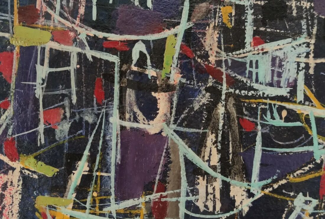 Huile sur toile marine abstraite, style Georges Mathieu, peinture XXe siècle, port et bateaux