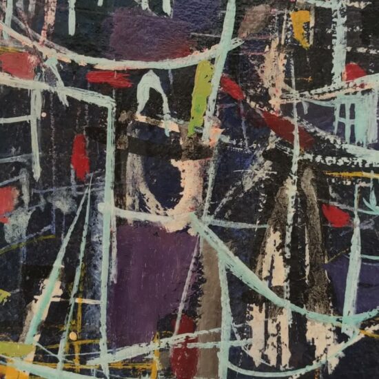Huile sur toile marine abstraite, style Georges Mathieu, peinture XXe siècle, port et bateaux