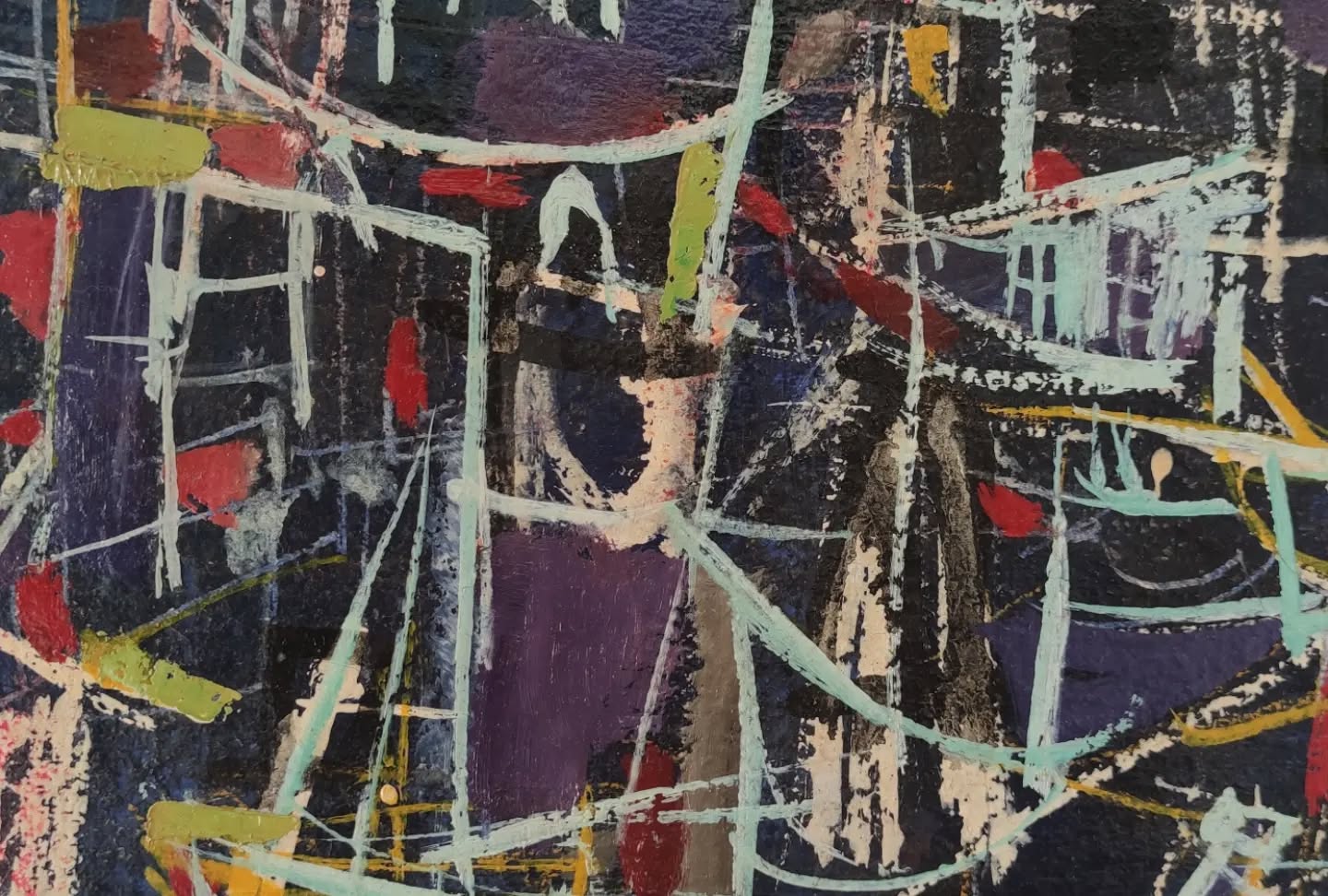 Huile sur toile marine abstraite, style Georges Mathieu, peinture XXe siècle, port et bateaux