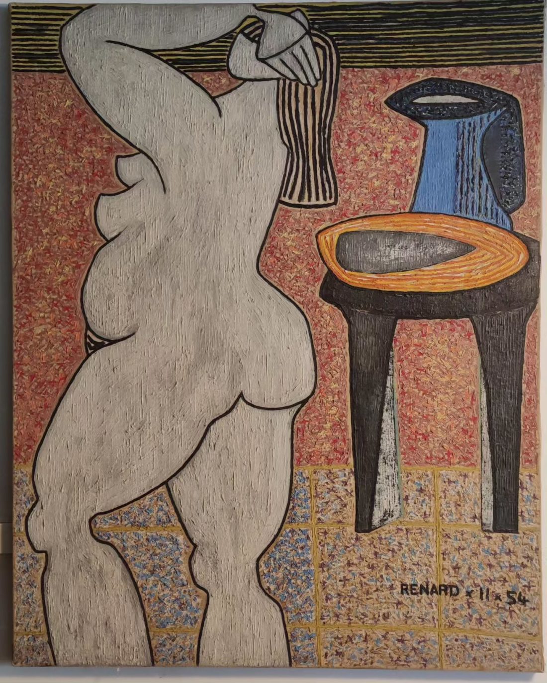 Peinture sur toile signée Renard (1954), technique mixte, nu stylisé, œuvre originale