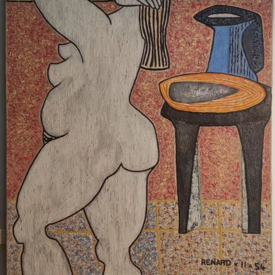 Peinture sur toile signée Renard (1954), technique mixte, nu stylisé, œuvre originale