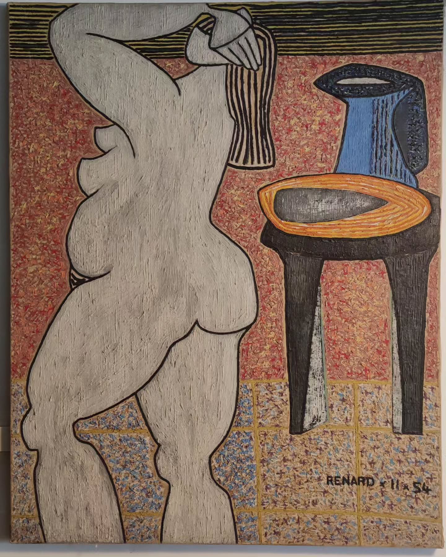 Peinture sur toile signée Renard (1954), technique mixte, nu stylisé, œuvre originale