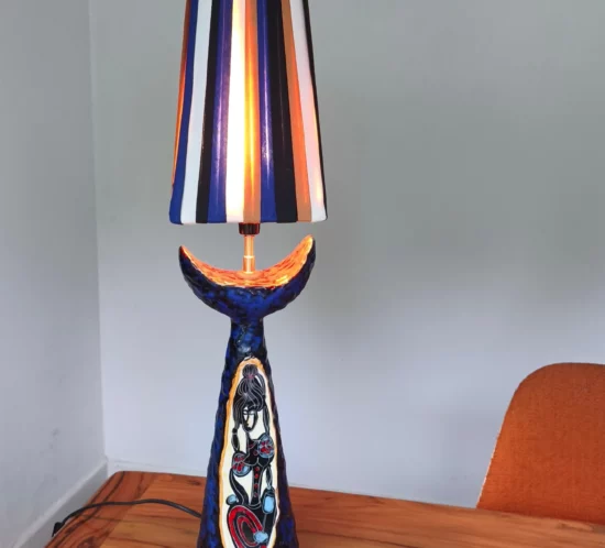 Lampe Fantoni en céramique italienne années 50, lampe à poser vintage avec abat-jour ruban, design italien 1950