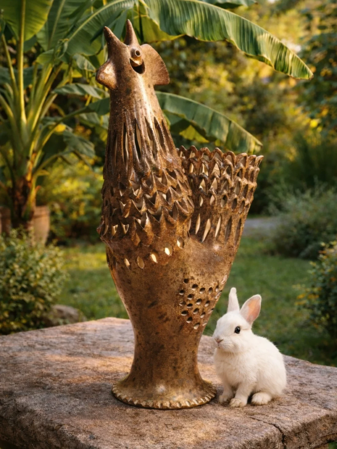 Grande lampe coq en terre cuite ajourée Agnès Escala, lampe sculpture céramique française années 70