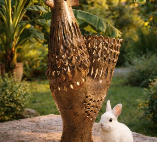 Grande lampe coq en terre cuite ajourée Agnès Escala, lampe sculpture céramique française années 70