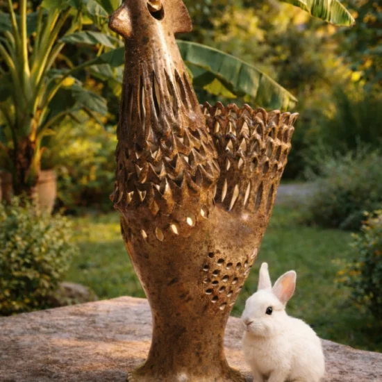 Grande lampe coq en terre cuite ajourée Agnès Escala, lampe sculpture céramique française années 70
